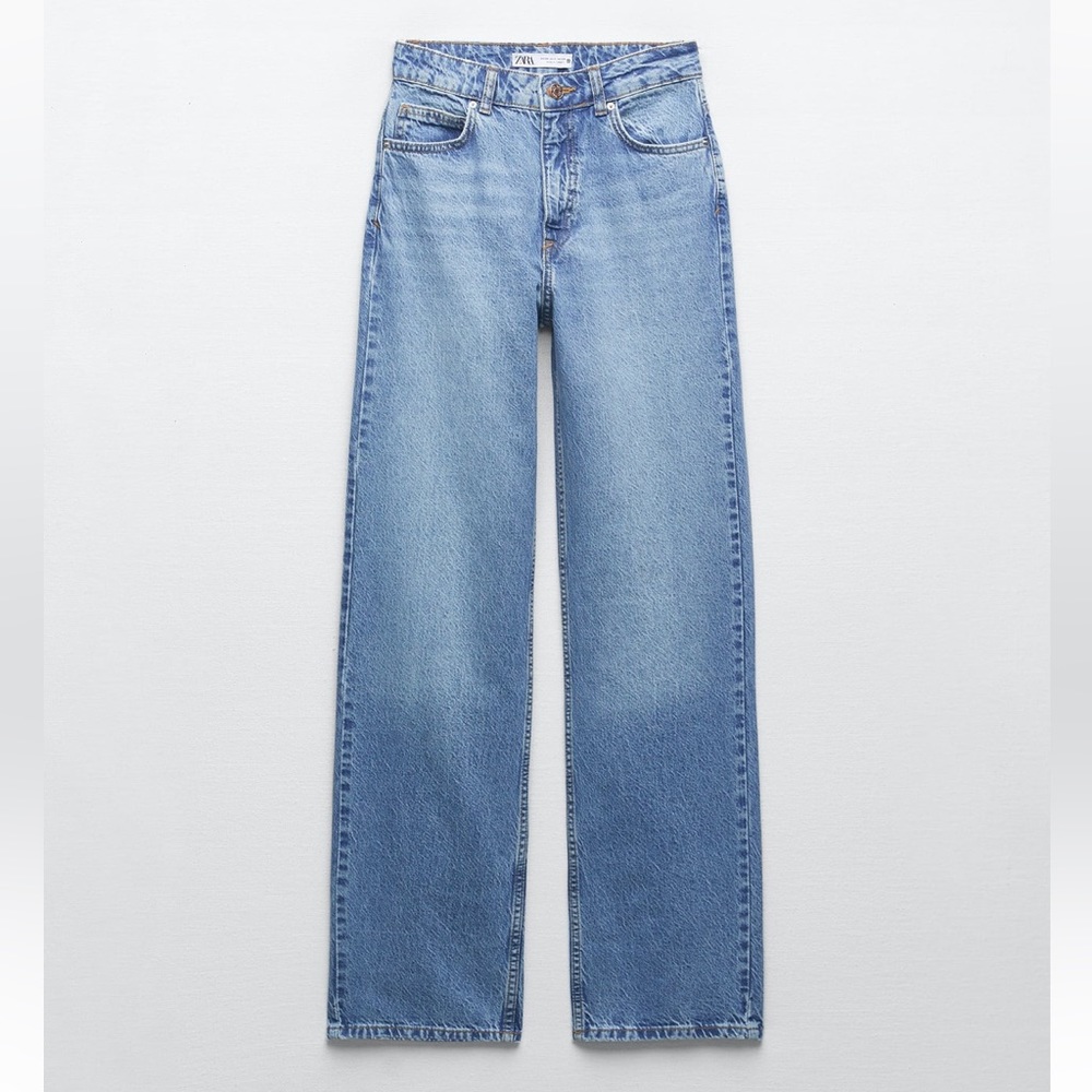 Zara Z1975 STRAIGHT LEG LONG LENGTH HIGH RISE JEANS mid-blue size 2 NWT